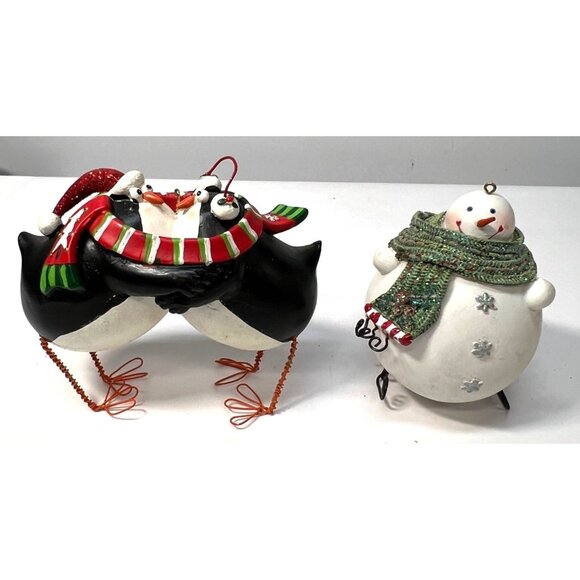Penguin & Snowman Christmas Figurines With Scarves & Hats - Festive Holiday Deco - Picture 1 of 5